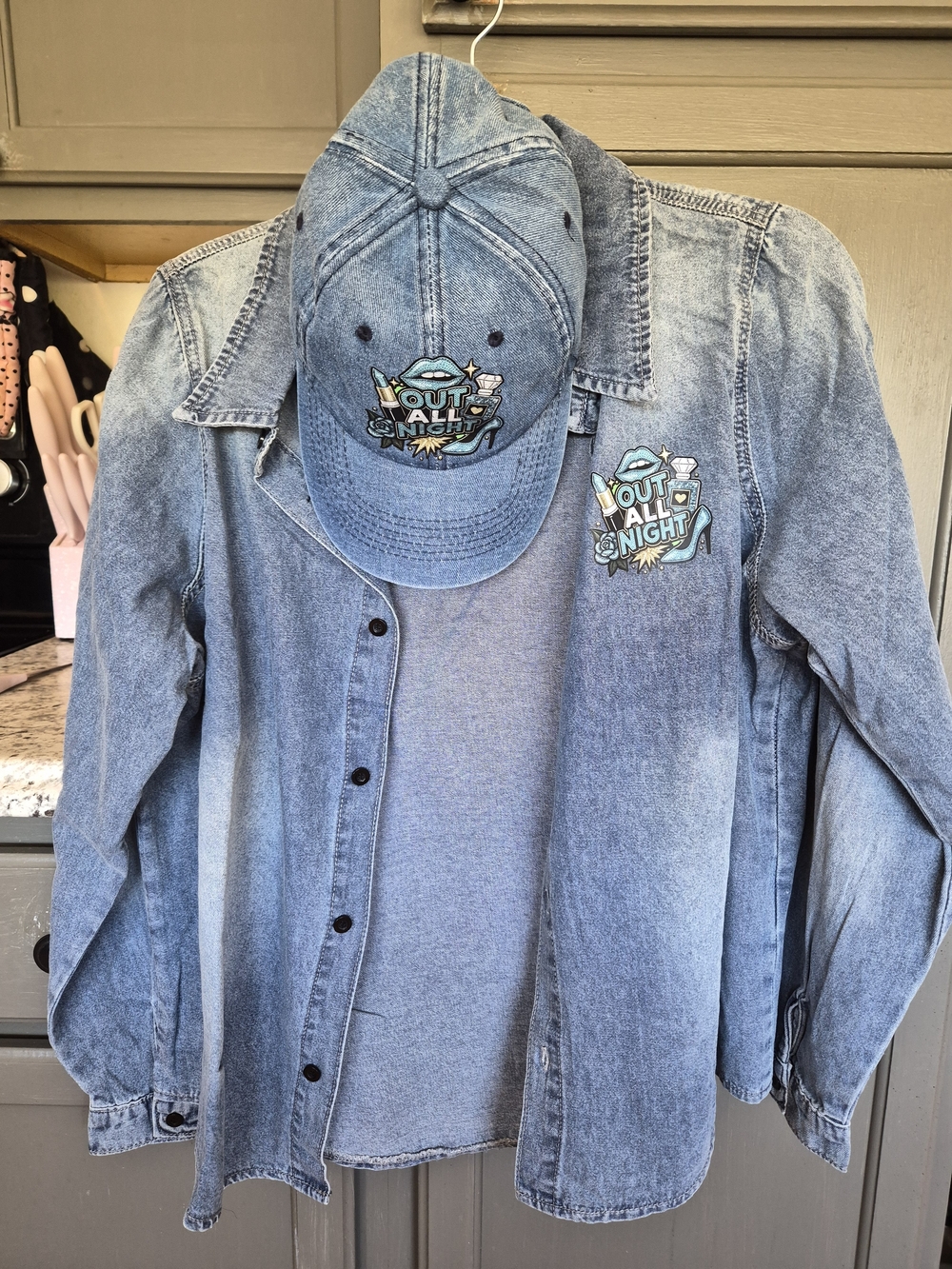 Light Blue Denim Jean Jacket with 'Out All Night' Patch